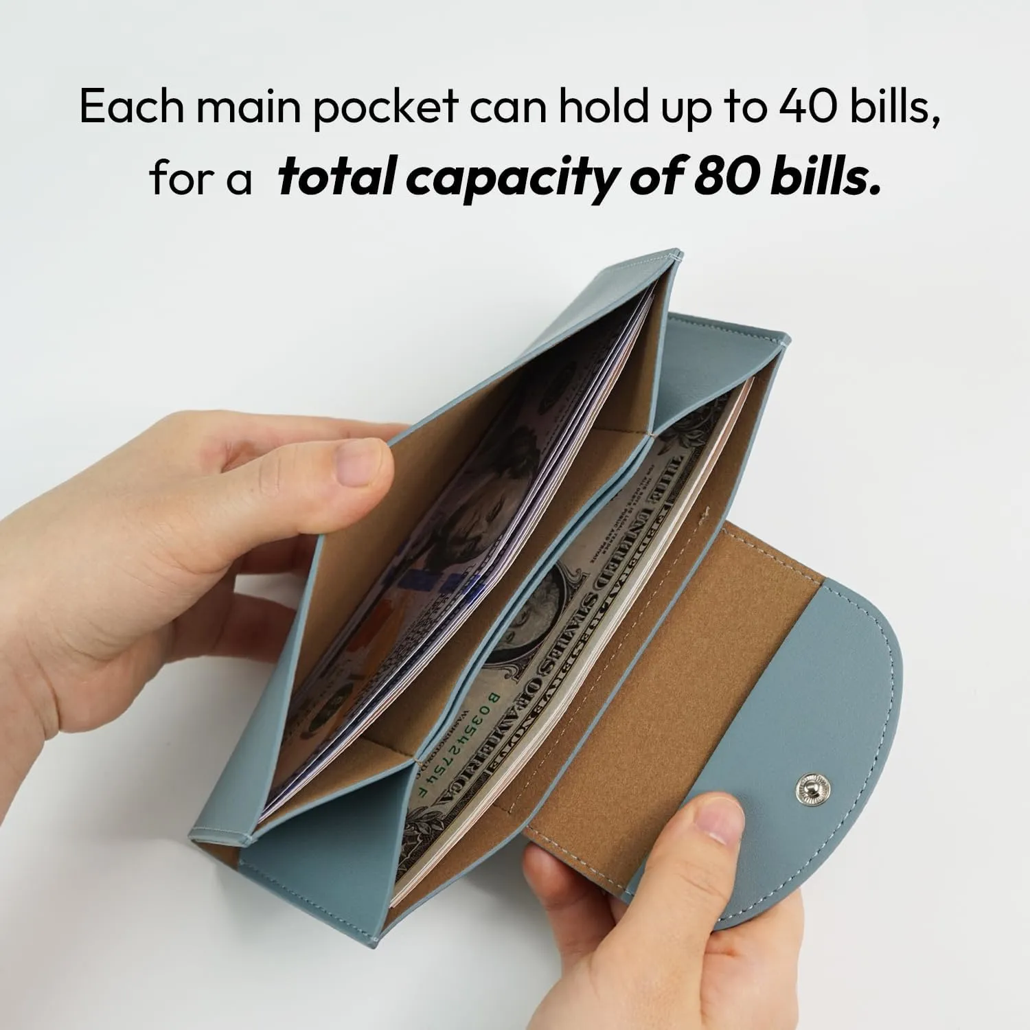 carrotez All-in-One Long Bifold 2-Tier PU Leather Wallet for Women, Money Organizer for Travel, Budgeting, Cash Envelope Wallet for Carrying Cash, Credit Cards & Business Cards - Fog Blue