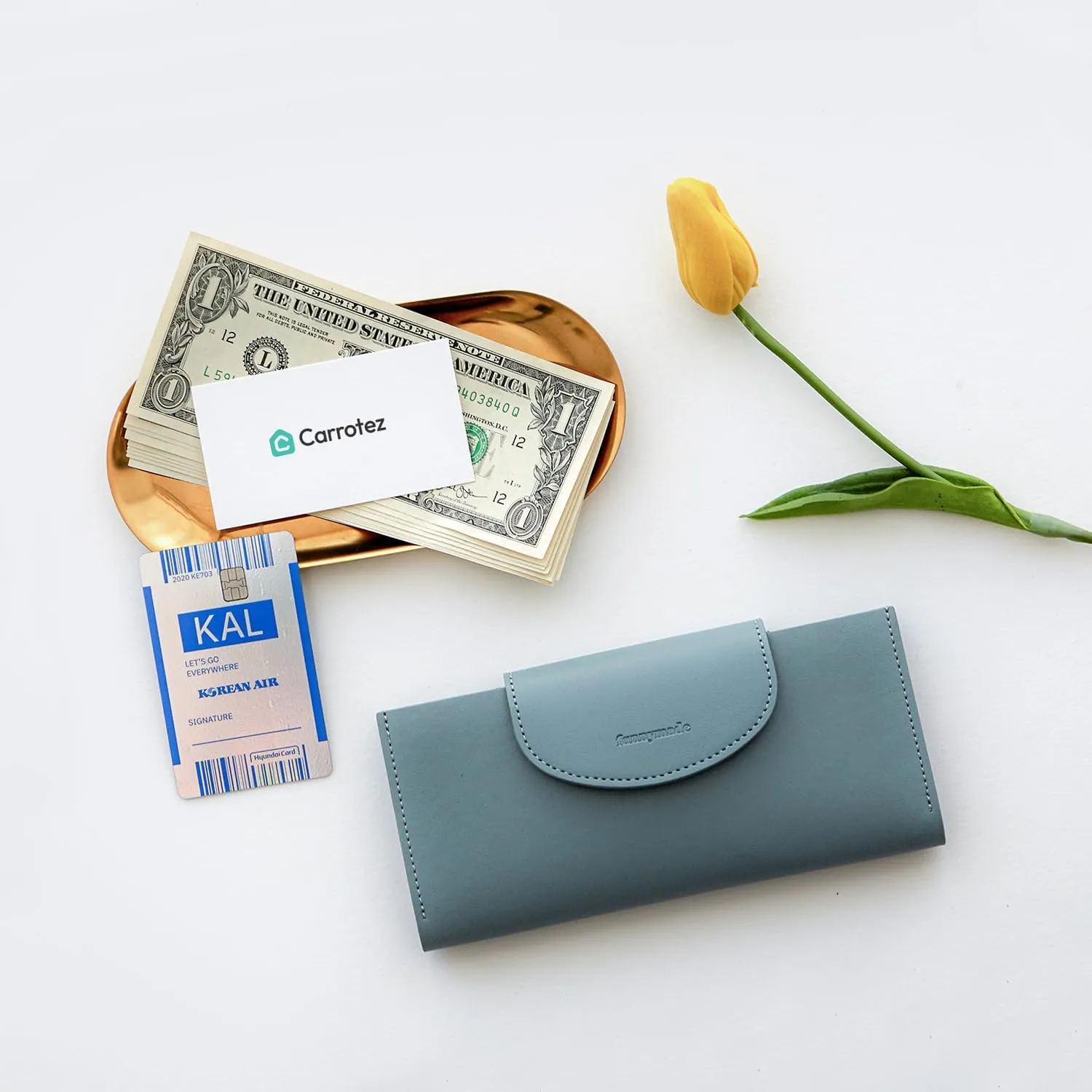 carrotez All-in-One Long Bifold 2-Tier PU Leather Wallet for Women, Money Organizer for Travel, Budgeting, Cash Envelope Wallet for Carrying Cash, Credit Cards & Business Cards - Fog Blue
