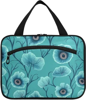 Cartoon Anemone Flowers Teal hanging toiletries travel bag women with hook, designer compact shaving kit bag for men for women traveling vacation envase para perfume de M