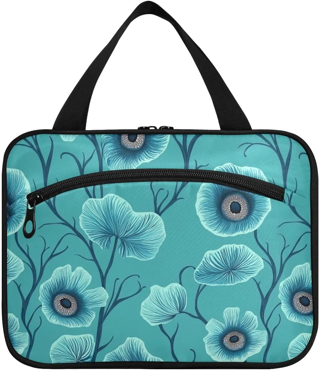 Cartoon Anemone Flowers Teal hanging toiletries travel bag women with hook, designer compact shaving kit bag for men for women traveling vacation envase para perfume de M