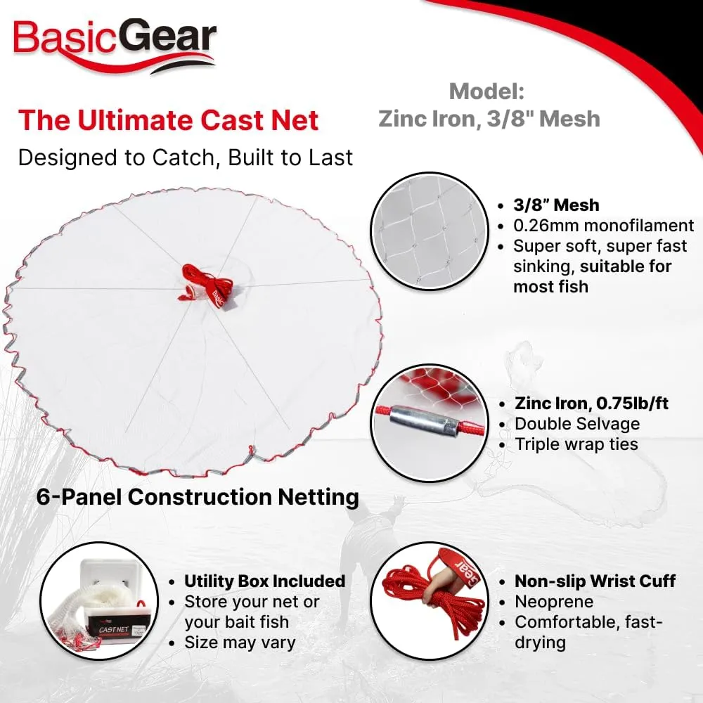 Cast Net | 3ft-12ft Radius, 3/8 or 1/4 inch Mesh for Freshwater and Saltwater Bait Fish| Professional Grade and Upgraded Material | Throw Style