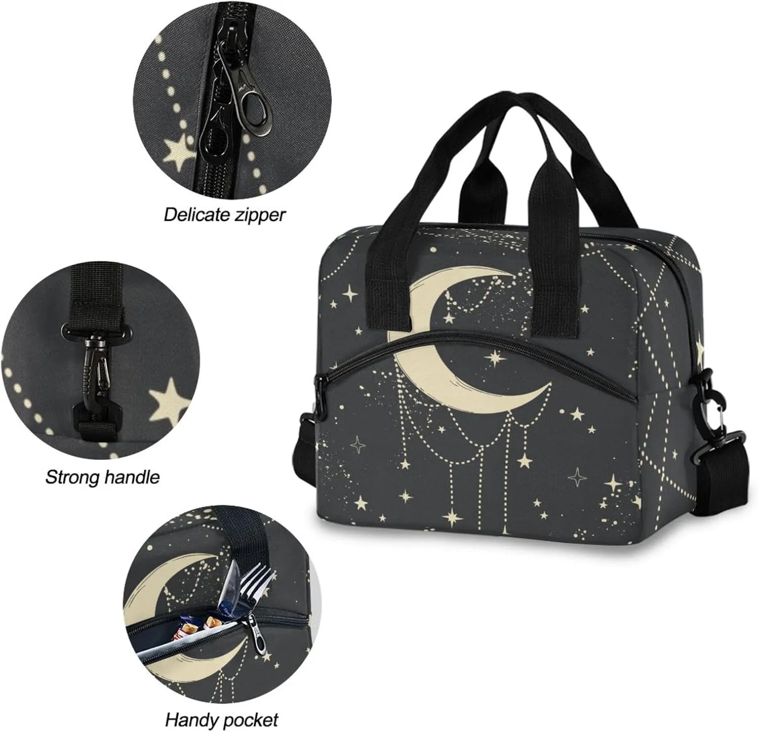 CBBYY Moon Star Dream Catcher Boho Lunch Bags for Women Men, Reusable Insulated Lunch Box, Adjustable Shoulder Straps Tote Lunch Bag for Work Picnic School