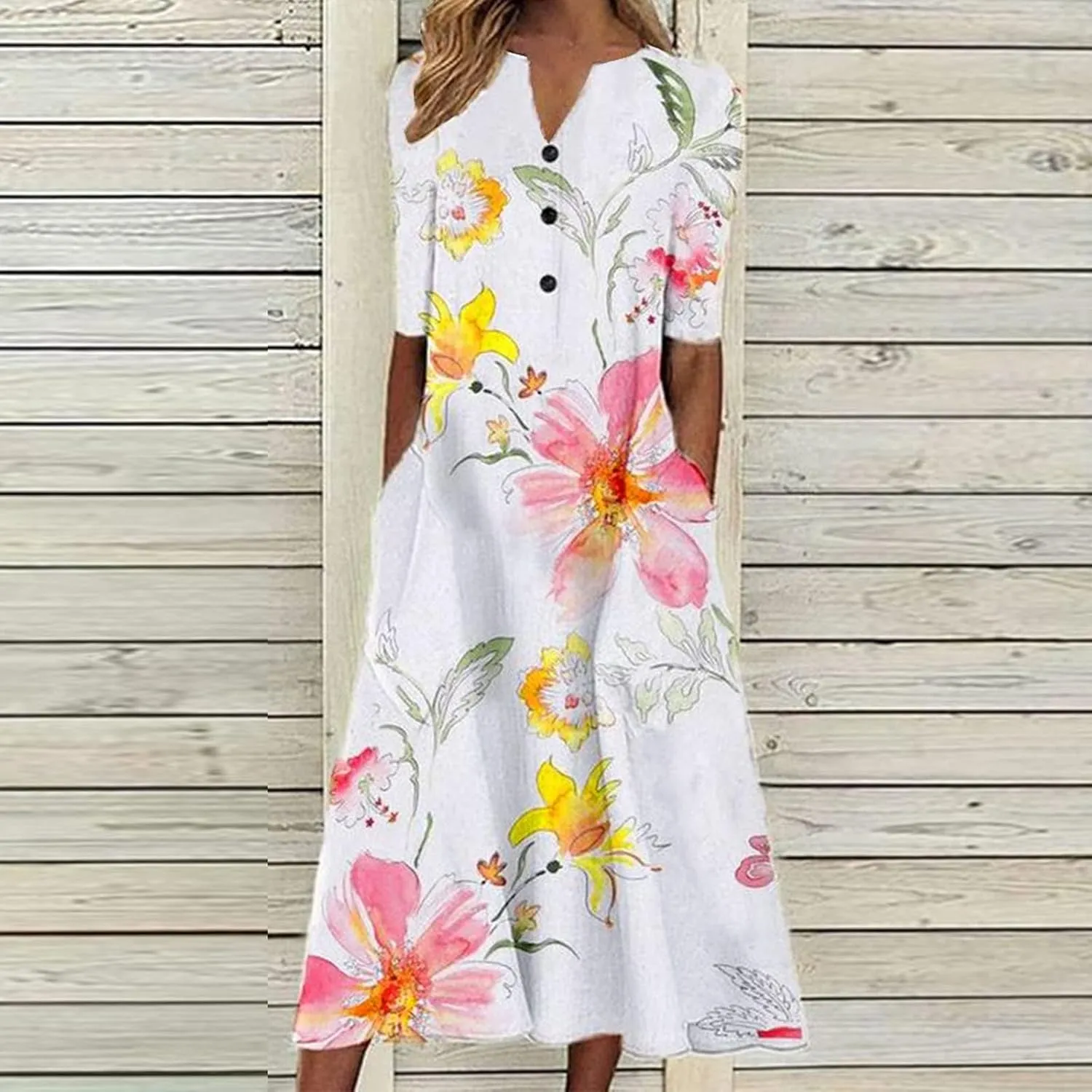 Ceboyel Summer Boho Dresses for Women 2023 Short Sleeve Maxi Long Dress Floral Print Casual Dress Trendy Ladies Outfits