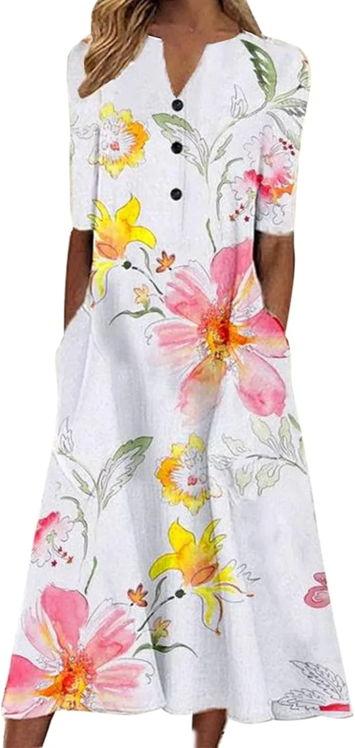 Ceboyel Summer Boho Dresses for Women 2023 Short Sleeve Maxi Long Dress Floral Print Casual Dress Trendy Ladies Outfits