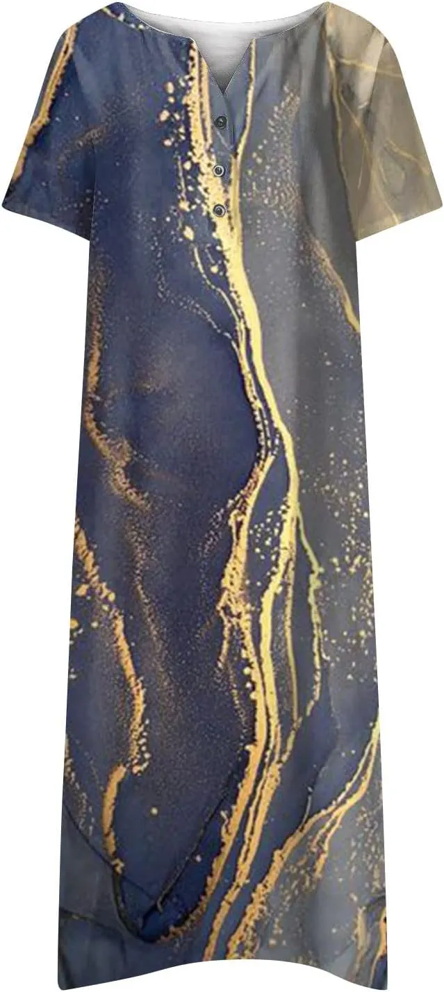 Ceboyel Women Marble Print Spring Dress Short Sleeve Casual Maxi Dress V Neck Pocket Long Dress Trendy Beach Vacation Outfits