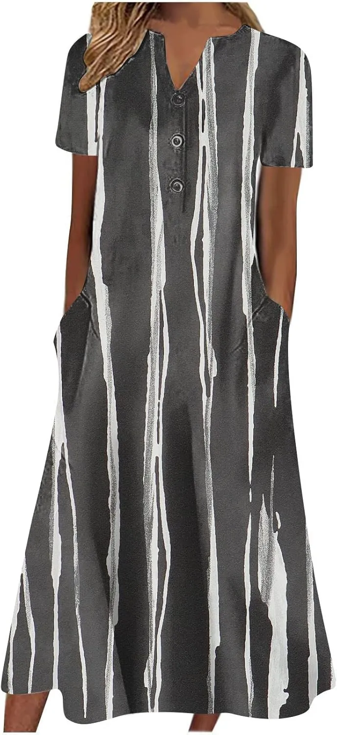 Ceboyel Women Marble Print Spring Dress Short Sleeve Casual Maxi Dress V Neck Pocket Long Dress Trendy Beach Vacation Outfits