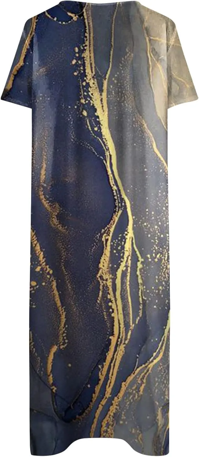 Ceboyel Women Marble Print Spring Dress Short Sleeve Casual Maxi Dress V Neck Pocket Long Dress Trendy Beach Vacation Outfits