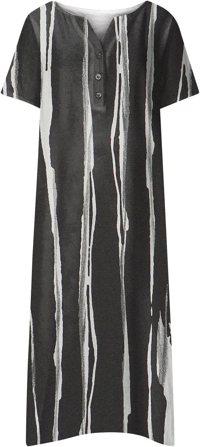 Ceboyel Women Marble Print Spring Dress Short Sleeve Casual Maxi Dress V Neck Pocket Long Dress Trendy Beach Vacation Outfits