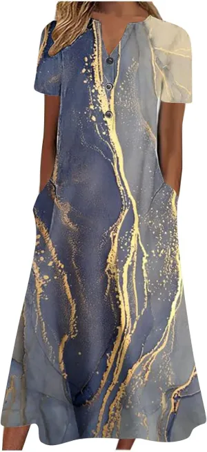 Ceboyel Women Marble Print Spring Dress Short Sleeve Casual Maxi Dress V Neck Pocket Long Dress Trendy Beach Vacation Outfits