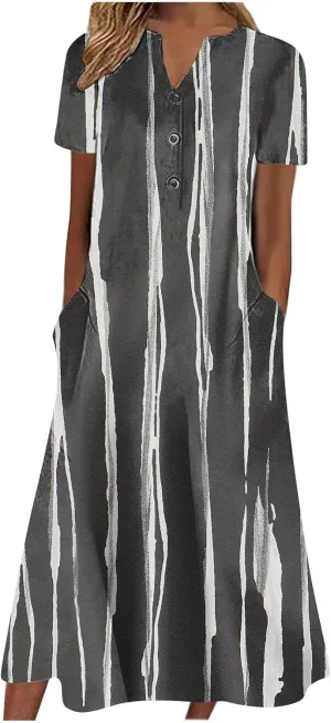Ceboyel Women Marble Print Spring Dress Short Sleeve Casual Maxi Dress V Neck Pocket Long Dress Trendy Beach Vacation Outfits