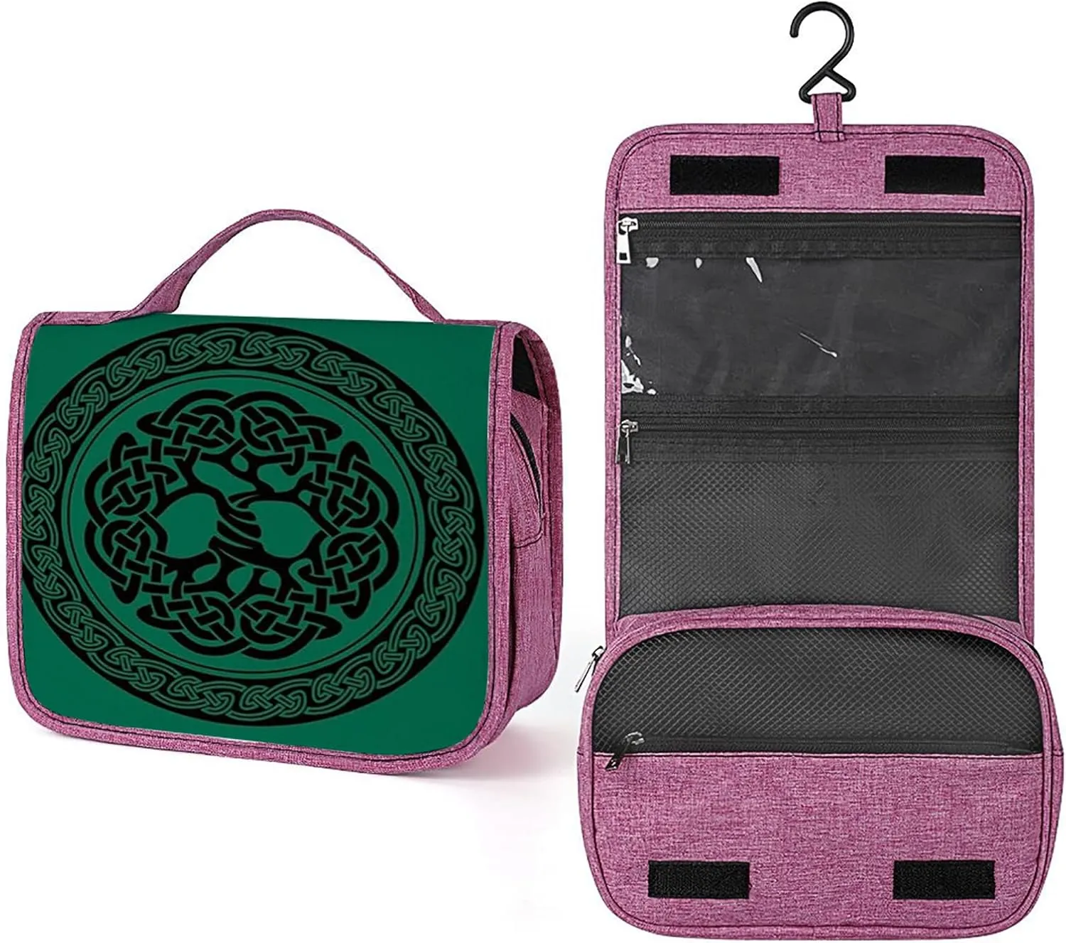 Celtic Print,Toiletry Bag Travel Bag with Hanging Hook,Monochrome Tree of Life Illustration,Water-resistant Makeup Cosmetic Bag Organizer for Makeup Accessories,Full-size Container,Green