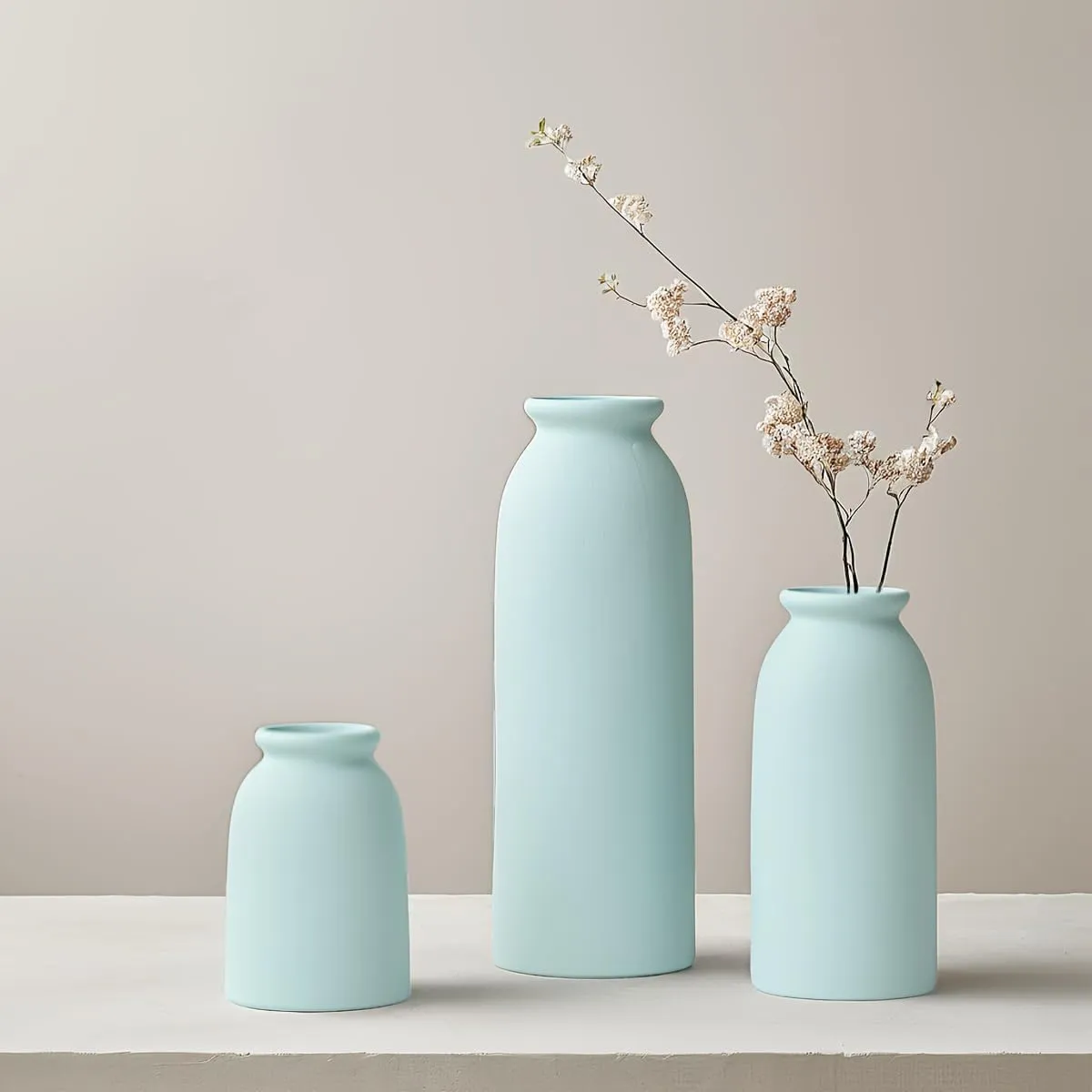 Ceramic Vase Set-3, Small Flower Vases for Decor, Modern Boho Farmhouse Style, Decorative Vases for Pampas Grass & Dried Flowers, Distressed Finish (Blue)