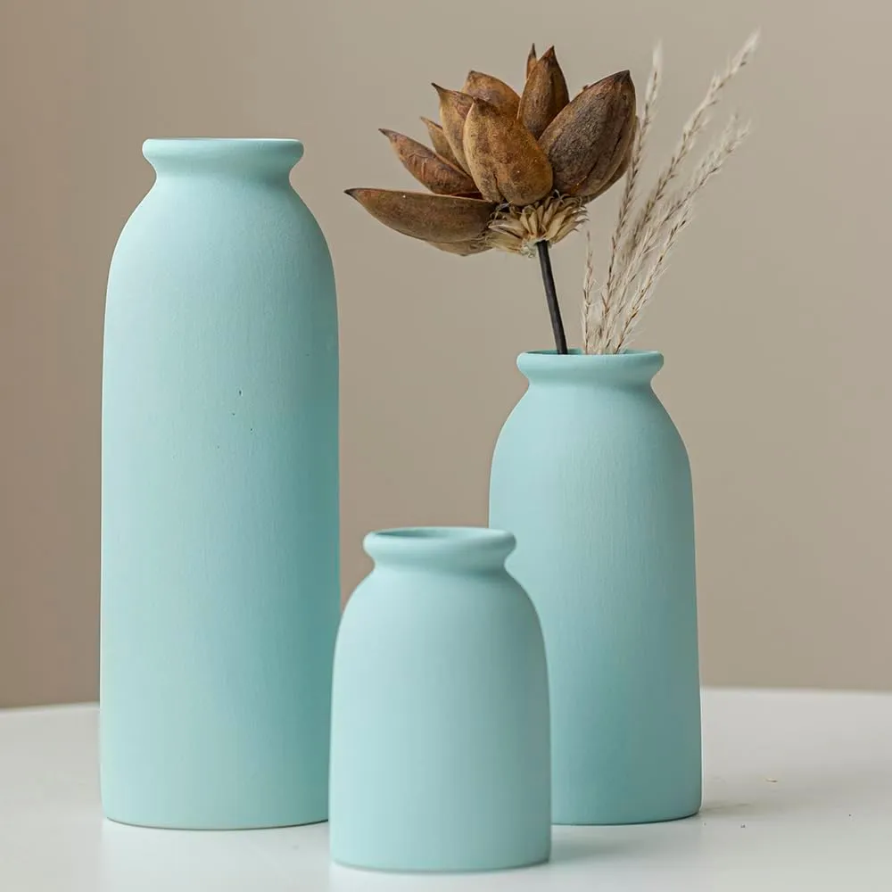 Ceramic Vase Set-3, Small Flower Vases for Decor, Modern Boho Farmhouse Style, Decorative Vases for Pampas Grass & Dried Flowers, Distressed Finish (Blue)