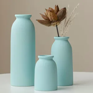 Ceramic Vase Set-3, Small Flower Vases for Decor, Modern Boho Farmhouse Style, Decorative Vases for Pampas Grass & Dried Flowers, Distressed Finish (Blue)