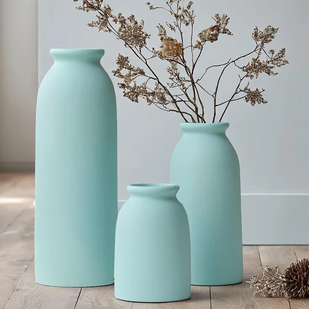Ceramic Vase Set-3, Small Flower Vases for Decor, Modern Boho Farmhouse Style, Decorative Vases for Pampas Grass & Dried Flowers, Distressed Finish (Blue)