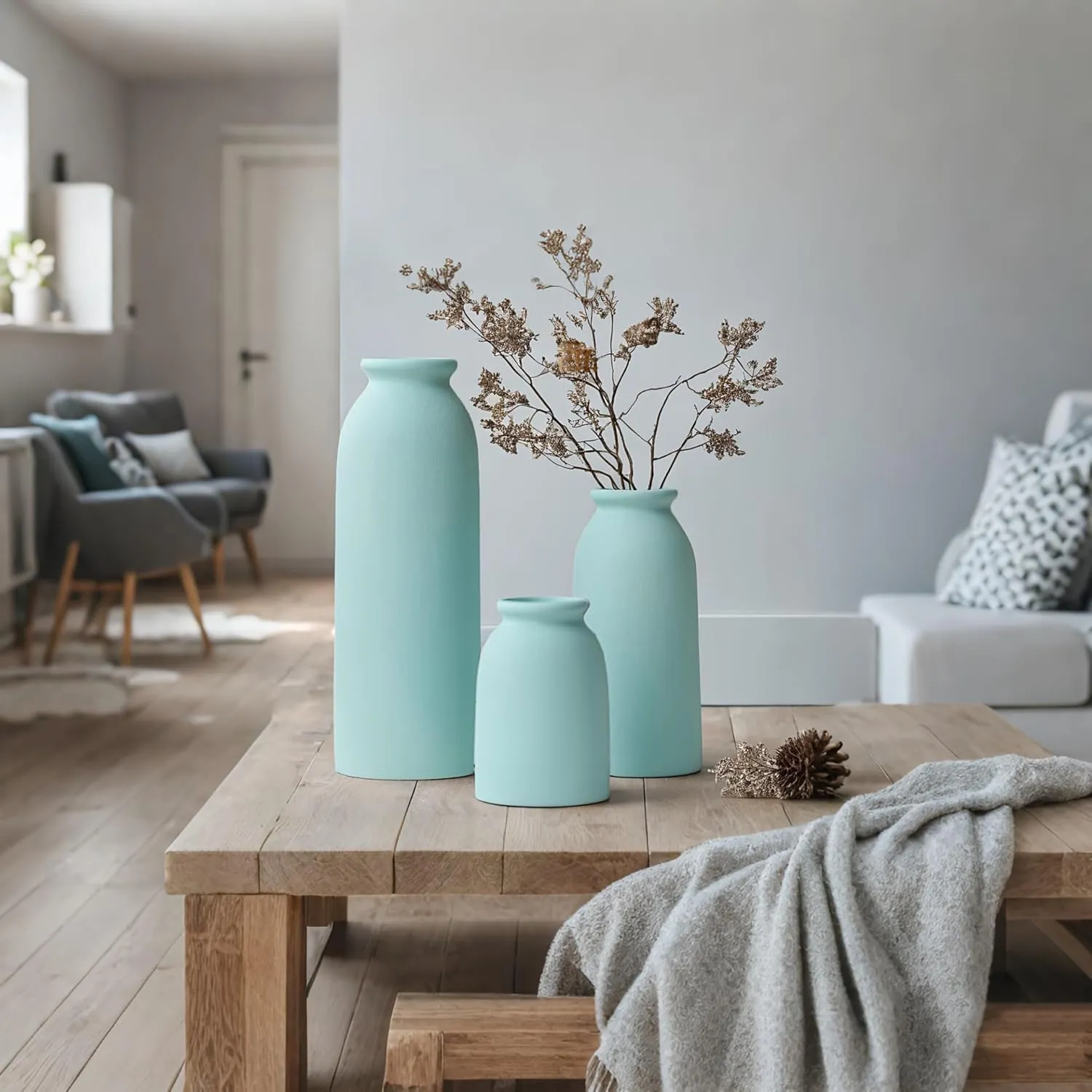Ceramic Vase Set-3, Small Flower Vases for Decor, Modern Boho Farmhouse Style, Decorative Vases for Pampas Grass & Dried Flowers, Distressed Finish (Blue)