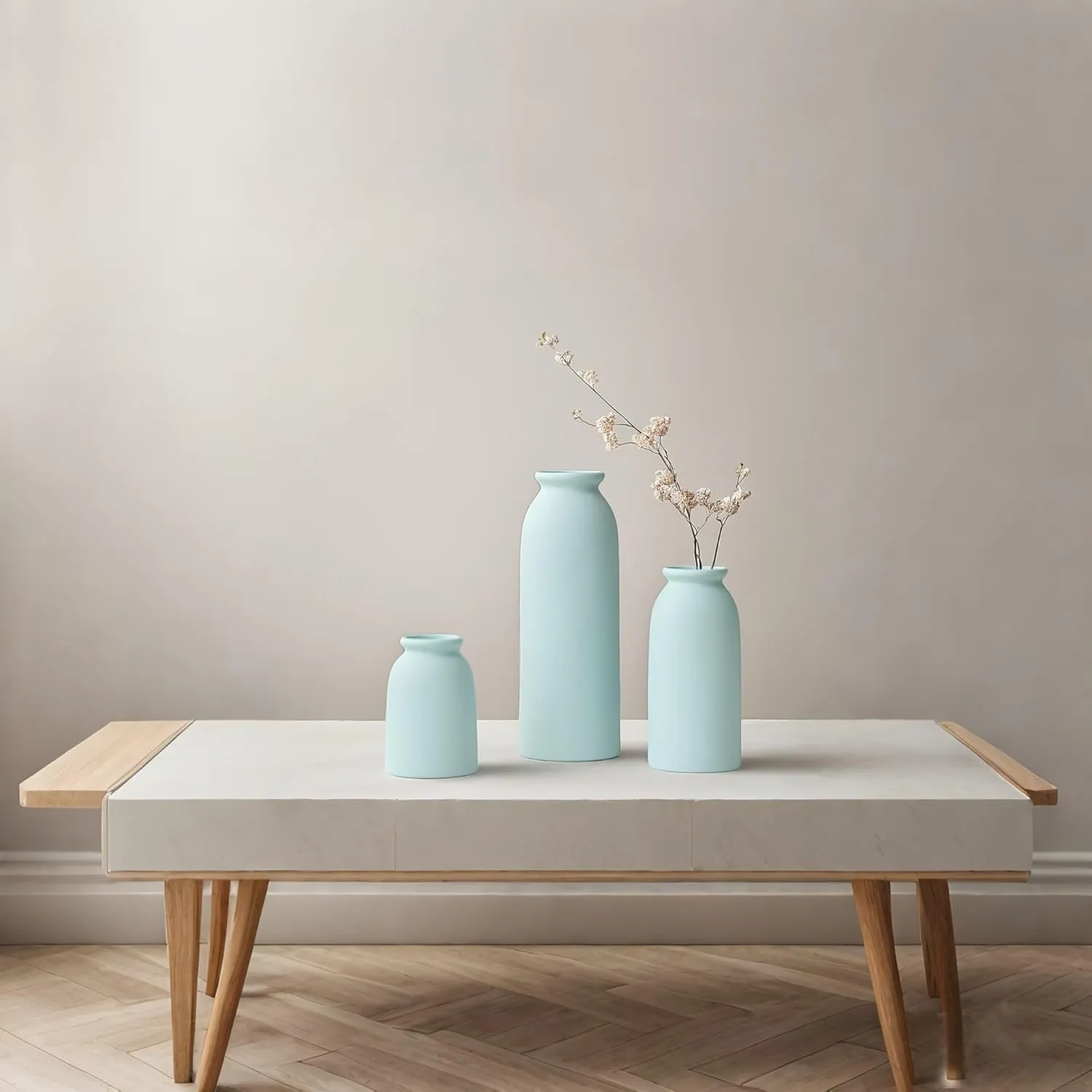 Ceramic Vase Set-3, Small Flower Vases for Decor, Modern Boho Farmhouse Style, Decorative Vases for Pampas Grass & Dried Flowers, Distressed Finish (Blue)