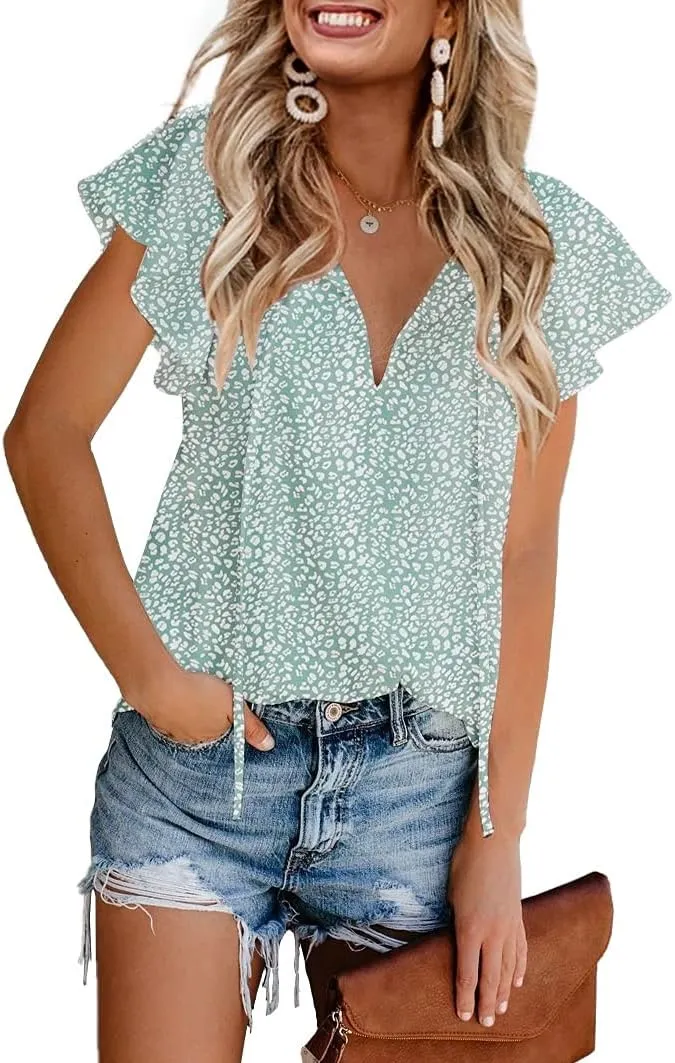 CERYIWER Women's Short Sleeve Casual Shirts Boho Floral Print V Neck Tops Loose Blouses