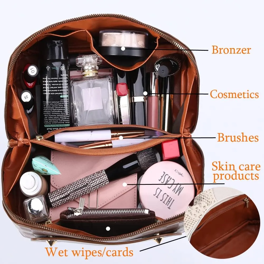 Cessfle Large Capacity Travel Cosmetic Bag Plaid Checkered Makeup Bag Portable Leather Waterproof Skincare Bag with Handle and Divider for Women, 01-Brown