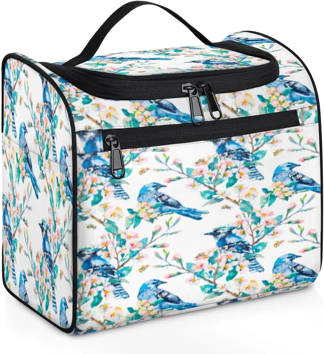 cfpolar Blue Jay Flowering Branch Toiletry Bag for Women, Hanging Travel Toiletry Bag, Water-resistant Cosmetic Makeup Organizer for Toiletries and Cosmetics, Bathroom Shower Bag with Handle and Hook