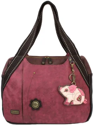Chala Pig Bowling Bag Handbag Purse, Pig Lover Chala Handbags (Burgundy)