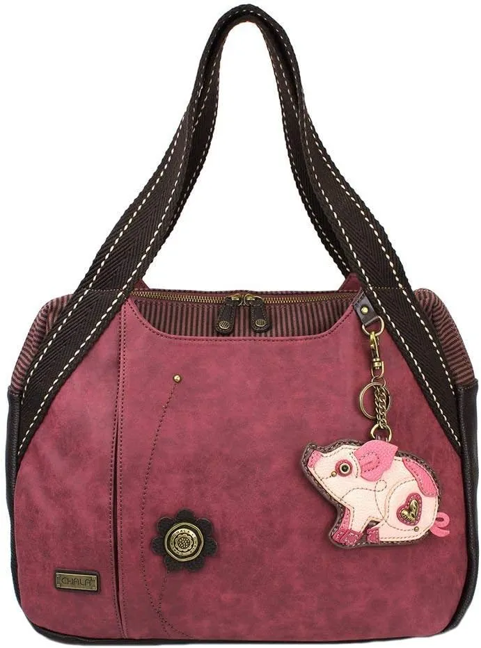 Chala Pig Bowling Bag Handbag Purse, Pig Lover Chala Handbags (Burgundy)