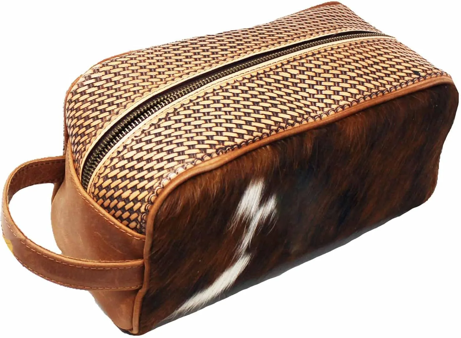 CHALLENGER Men's Western Basket Weave Tooled Leather Hairon Toiletry Dopp Kit Bag 18RTT03