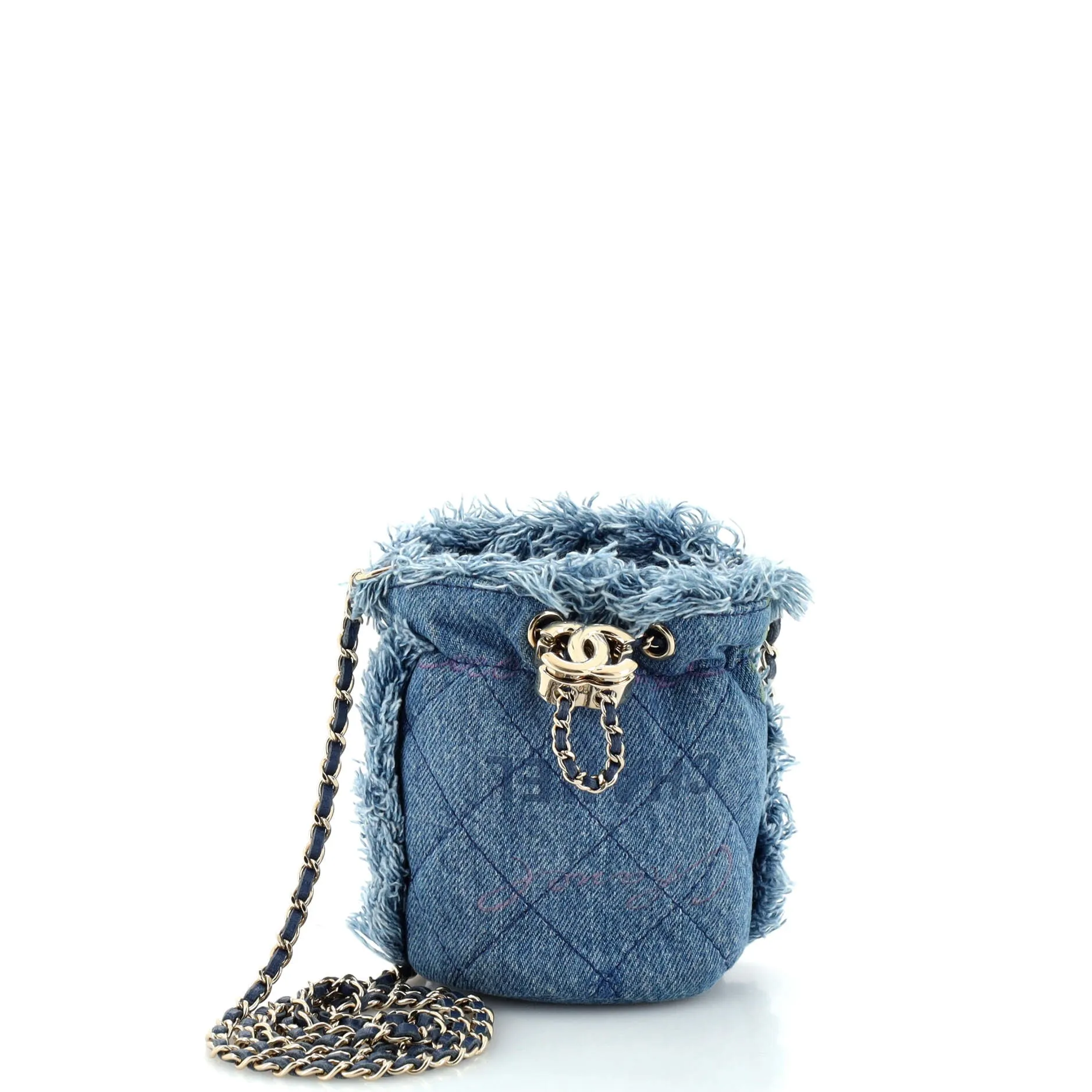 CHANEL Denim Mood Chain Bucket Bag Logo Printed Quilted Fringe Denim Mini