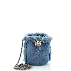 CHANEL Denim Mood Chain Bucket Bag Logo Printed Quilted Fringe Denim Mini