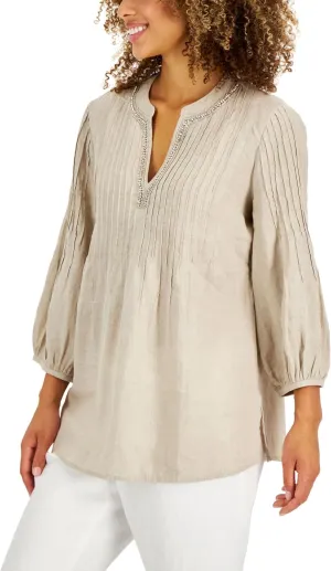 Charter Club Damask Women's 100% Linen Puff-Sleeve Tunic