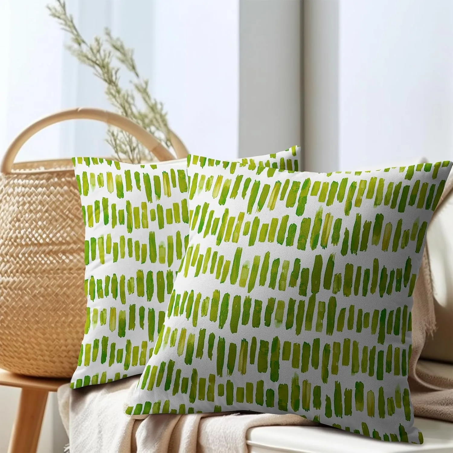 Chartreuse Stripe Outdoor Pillow Covers 20x20 Inch Set of 2 Green Ink Brush Stripes Pillow Cases Abstract Striped Boho Design Cotton Linen Square Couch Cover for Home Porch Bed Room Modern Decor
