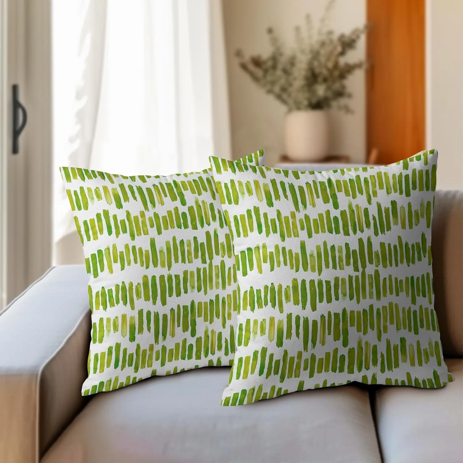 Chartreuse Stripe Outdoor Pillow Covers 20x20 Inch Set of 2 Green Ink Brush Stripes Pillow Cases Abstract Striped Boho Design Cotton Linen Square Couch Cover for Home Porch Bed Room Modern Decor