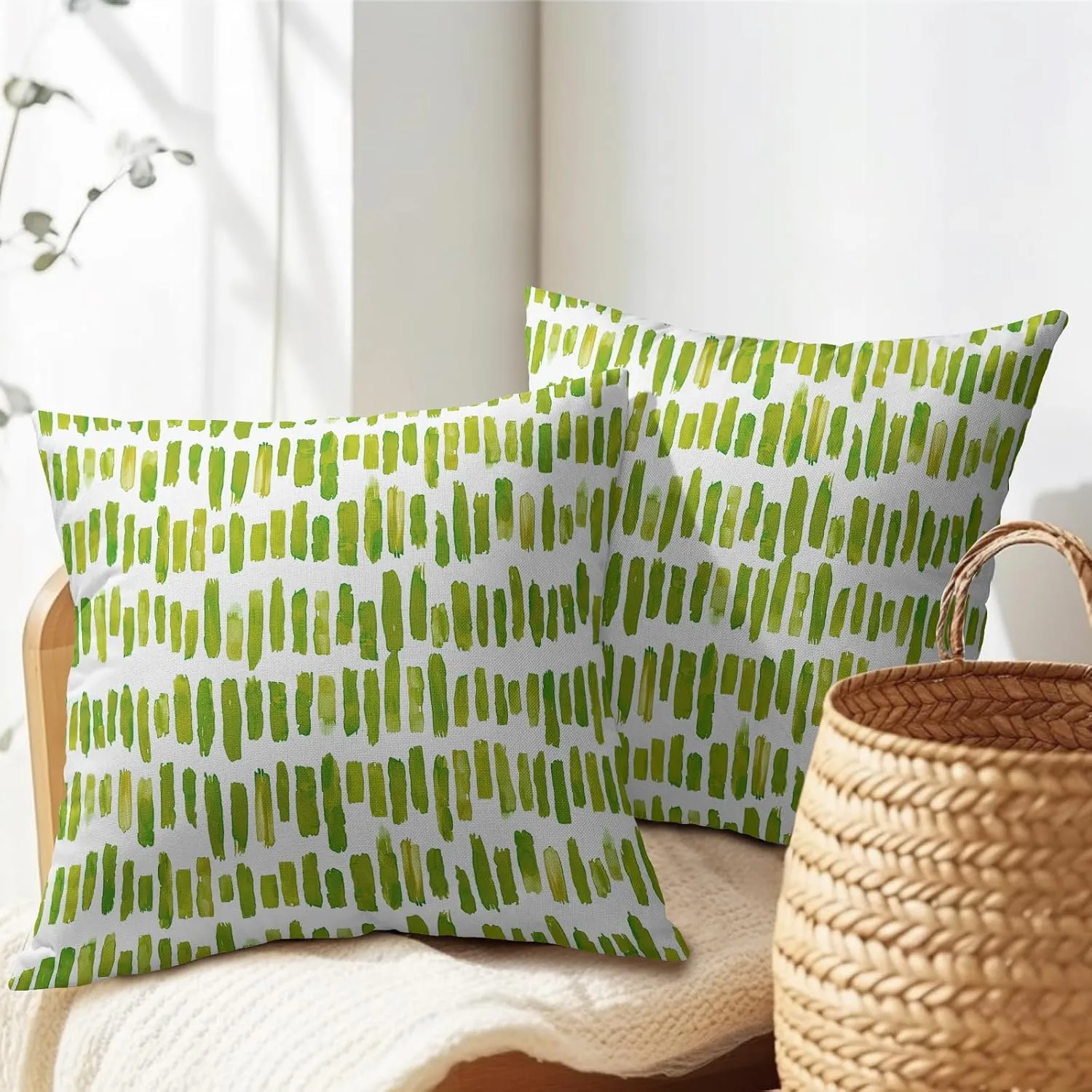 Chartreuse Stripe Outdoor Pillow Covers 20x20 Inch Set of 2 Green Ink Brush Stripes Pillow Cases Abstract Striped Boho Design Cotton Linen Square Couch Cover for Home Porch Bed Room Modern Decor