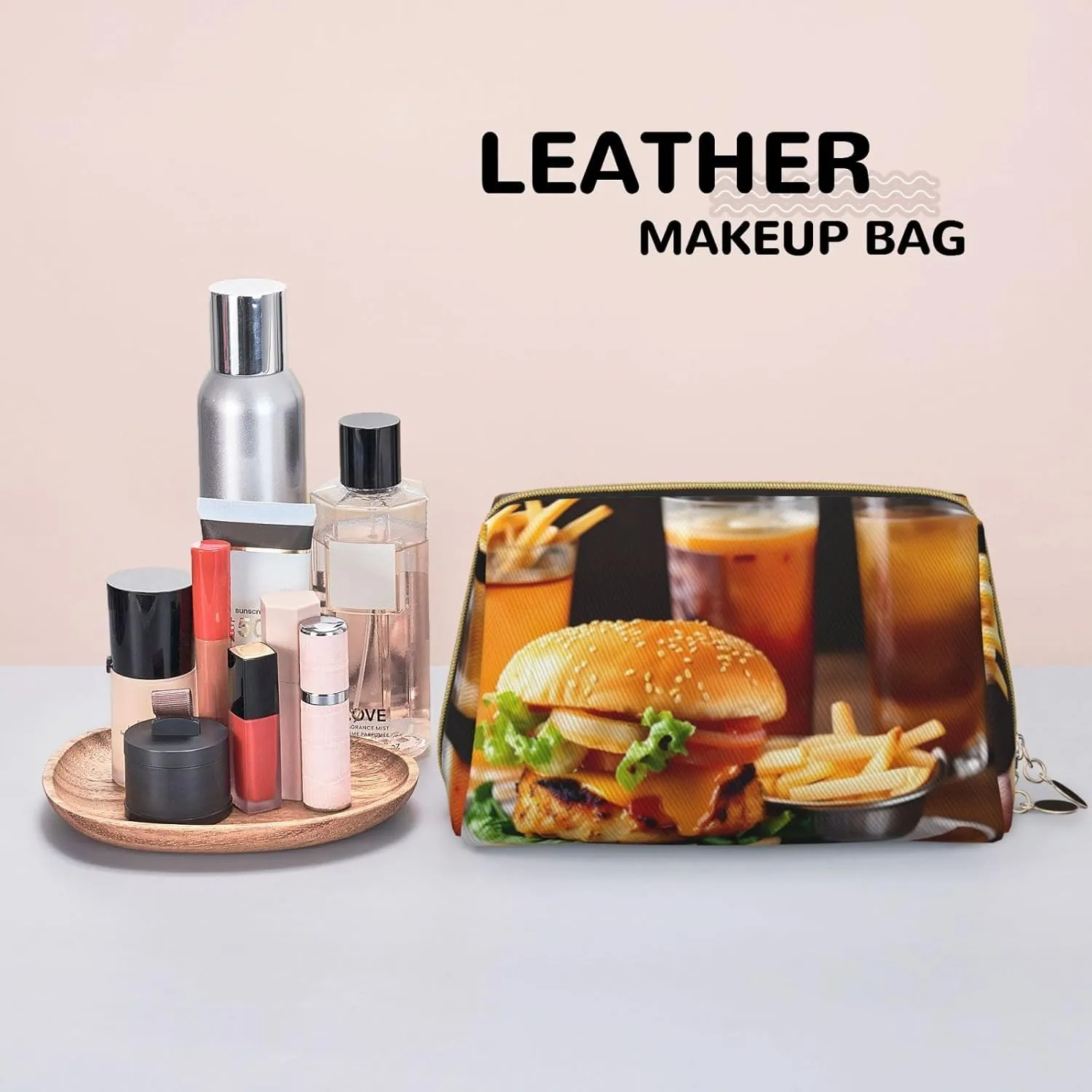 Chicken Leg Burger Drink Leather Toiletry Organizer Bag, Travel-Friendly Makeup Pouch For Women