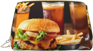 Chicken Leg Burger Drink Leather Toiletry Organizer Bag, Travel-Friendly Makeup Pouch For Women