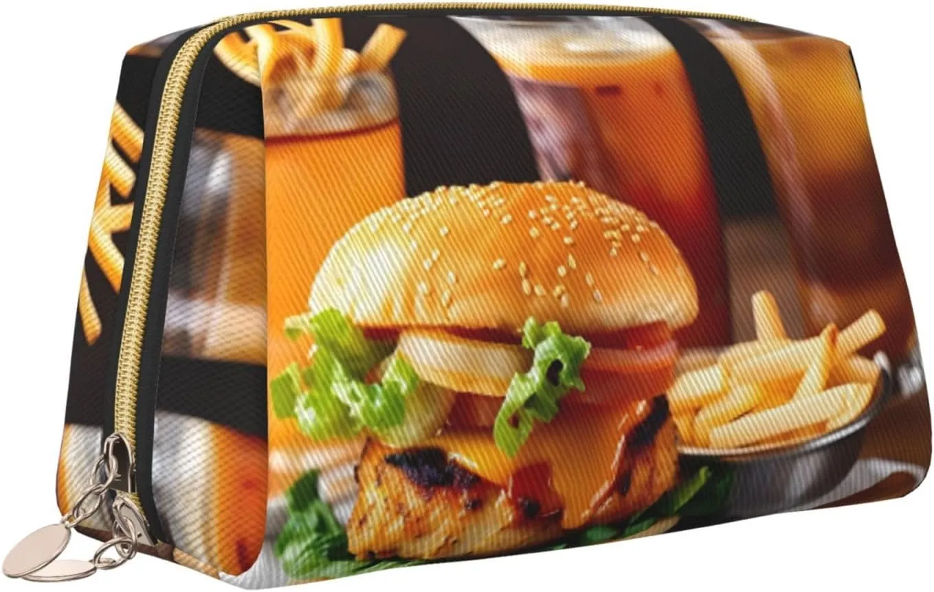 Chicken Leg Burger Drink Leather Toiletry Organizer Bag, Travel-Friendly Makeup Pouch For Women