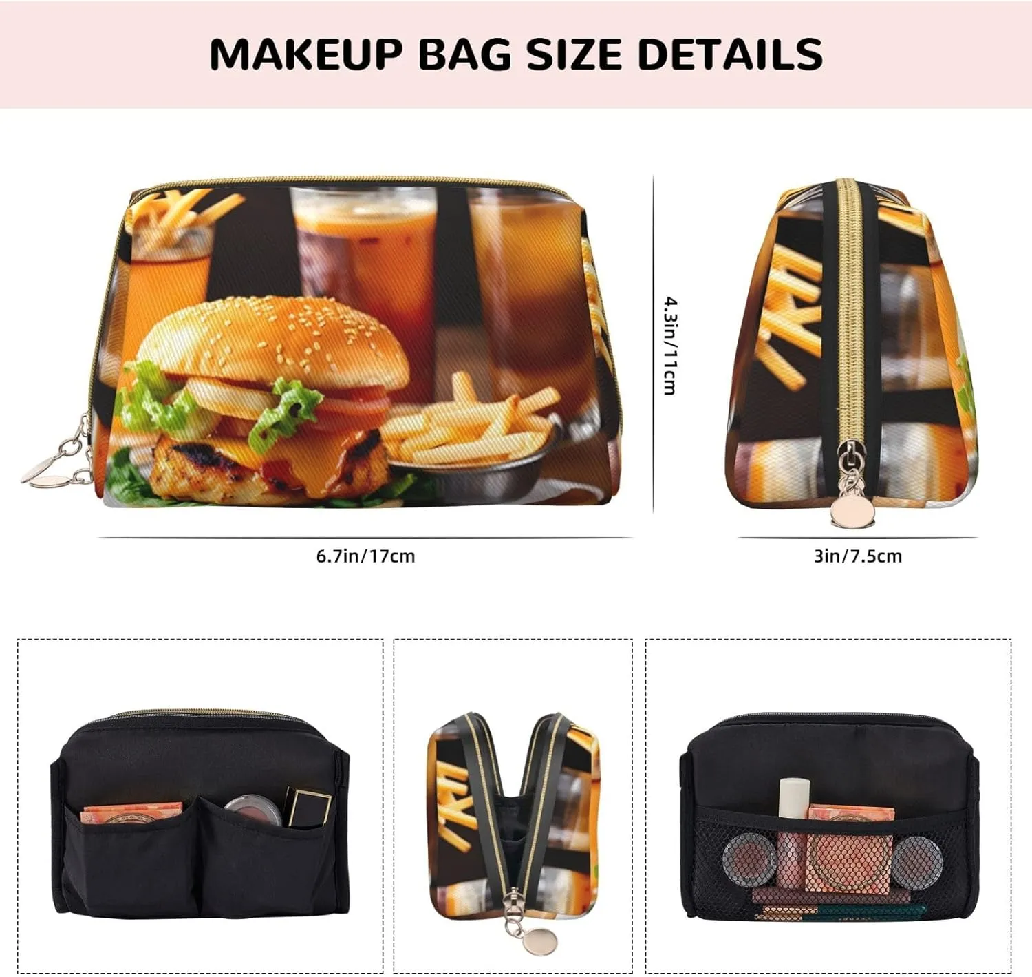Chicken Leg Burger Drink Leather Toiletry Organizer Bag, Travel-Friendly Makeup Pouch For Women