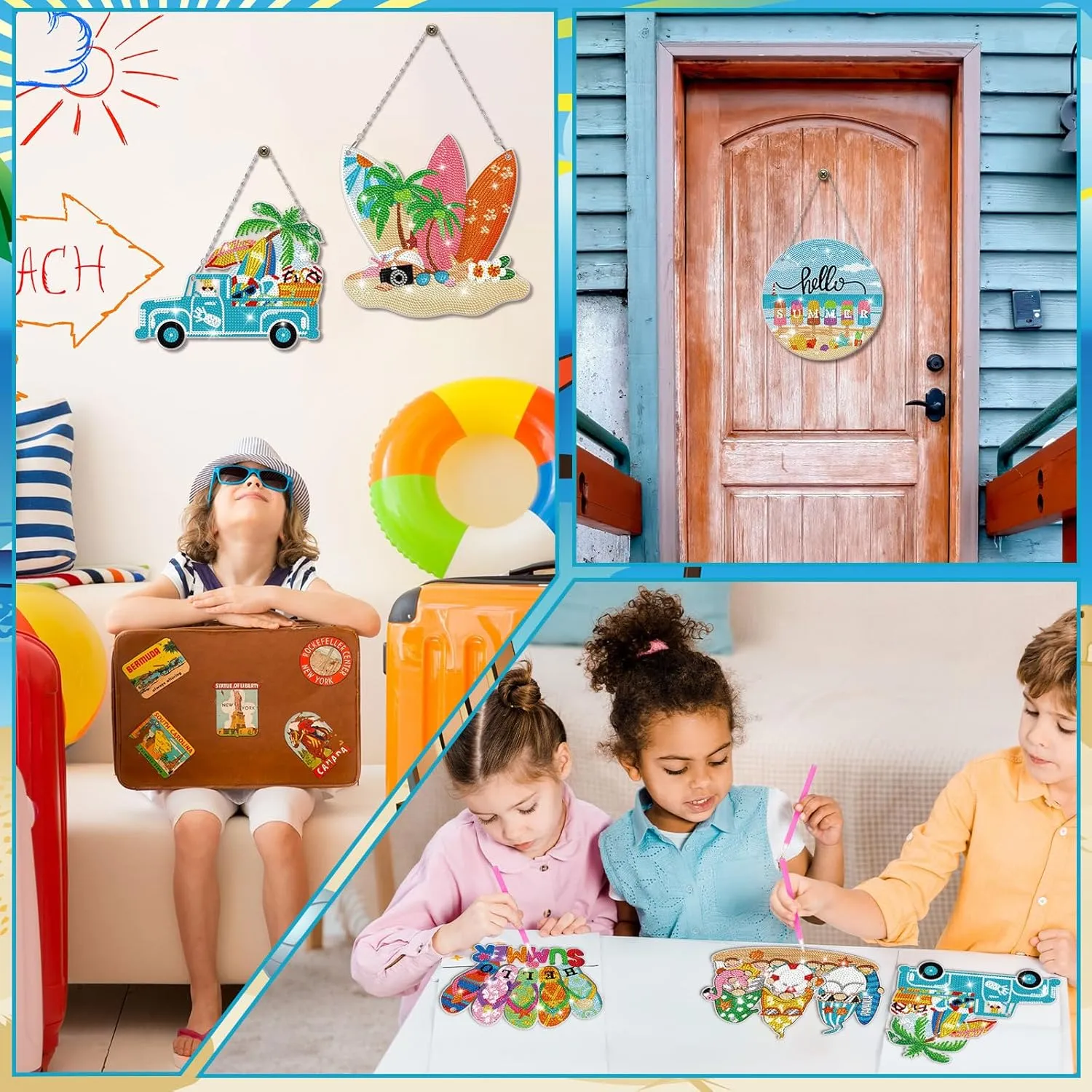 Chitidr 6 Pcs Summer Diamond Painting Hanging Sign Set Beach Gnome Diamond Art Paint Arts Set 5D DIY Ornaments Kits for Summer Wall Door Window Decor