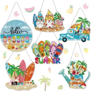 Chitidr 6 Pcs Summer Diamond Painting Hanging Sign Set Beach Gnome Diamond Art Paint Arts Set 5D DIY Ornaments Kits for Summer Wall Door Window Decor
