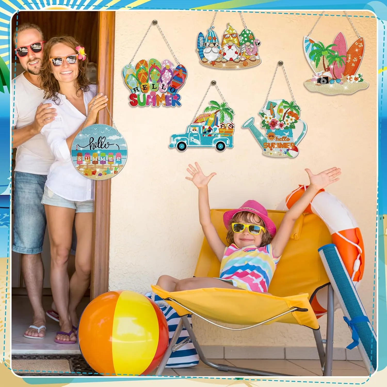 Chitidr 6 Pcs Summer Diamond Painting Hanging Sign Set Beach Gnome Diamond Art Paint Arts Set 5D DIY Ornaments Kits for Summer Wall Door Window Decor