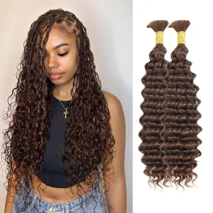 Chocolate Brown Braiding Hair Deep Wave Boho Braids 16Inch No Weft 90g 10A Brazilian Virgin Curly Human Boho Braiding Hair Wet and Wavy Color 4 Remy Hair Extensions