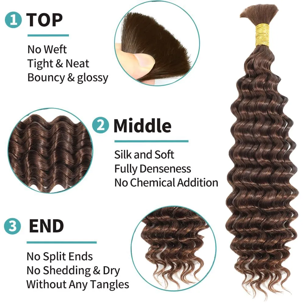 Chocolate Brown Braiding Hair Deep Wave Boho Braids 16Inch No Weft 90g 10A Brazilian Virgin Curly Human Boho Braiding Hair Wet and Wavy Color 4 Remy Hair Extensions
