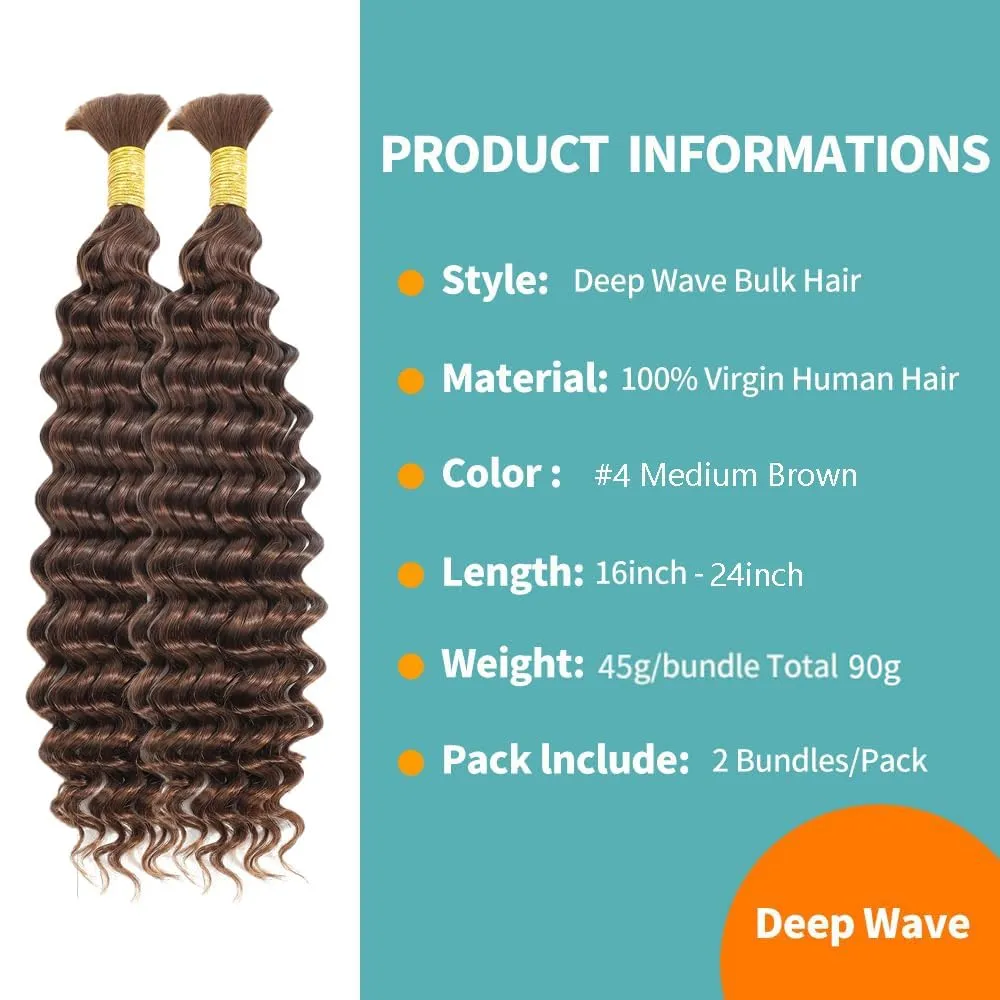 Chocolate Brown Braiding Hair Deep Wave Boho Braids 16Inch No Weft 90g 10A Brazilian Virgin Curly Human Boho Braiding Hair Wet and Wavy Color 4 Remy Hair Extensions