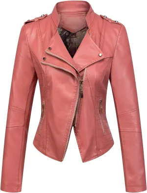 chouyatou Women's Candy Color Asymmetric Zip Slim Faux Leather Cropped Moto Jacket