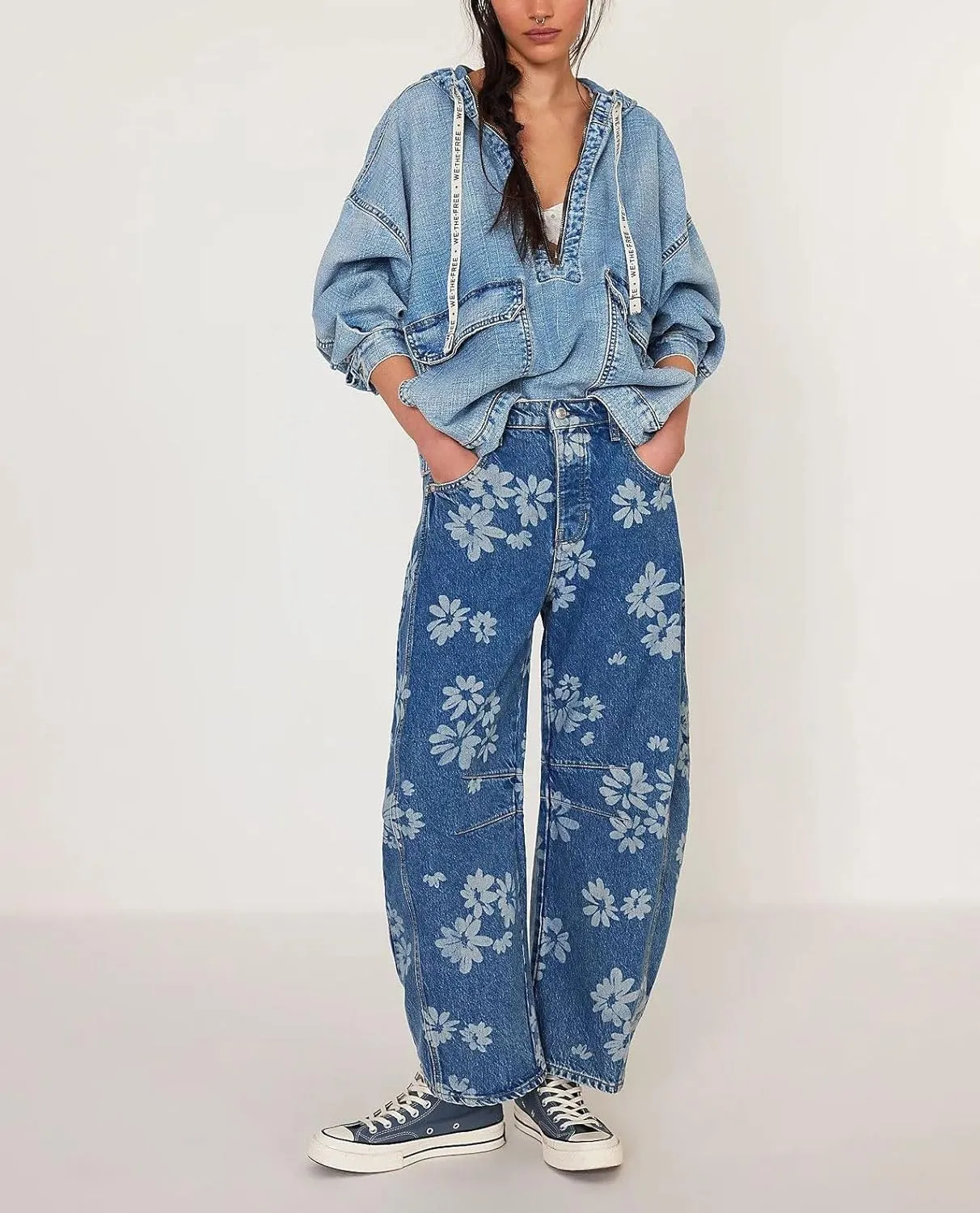 chouyatou Women's Y2k Baggy Wide Leg Denim Pants Boho Floral Printed Boyfriend Barrel Jeans with Pockets