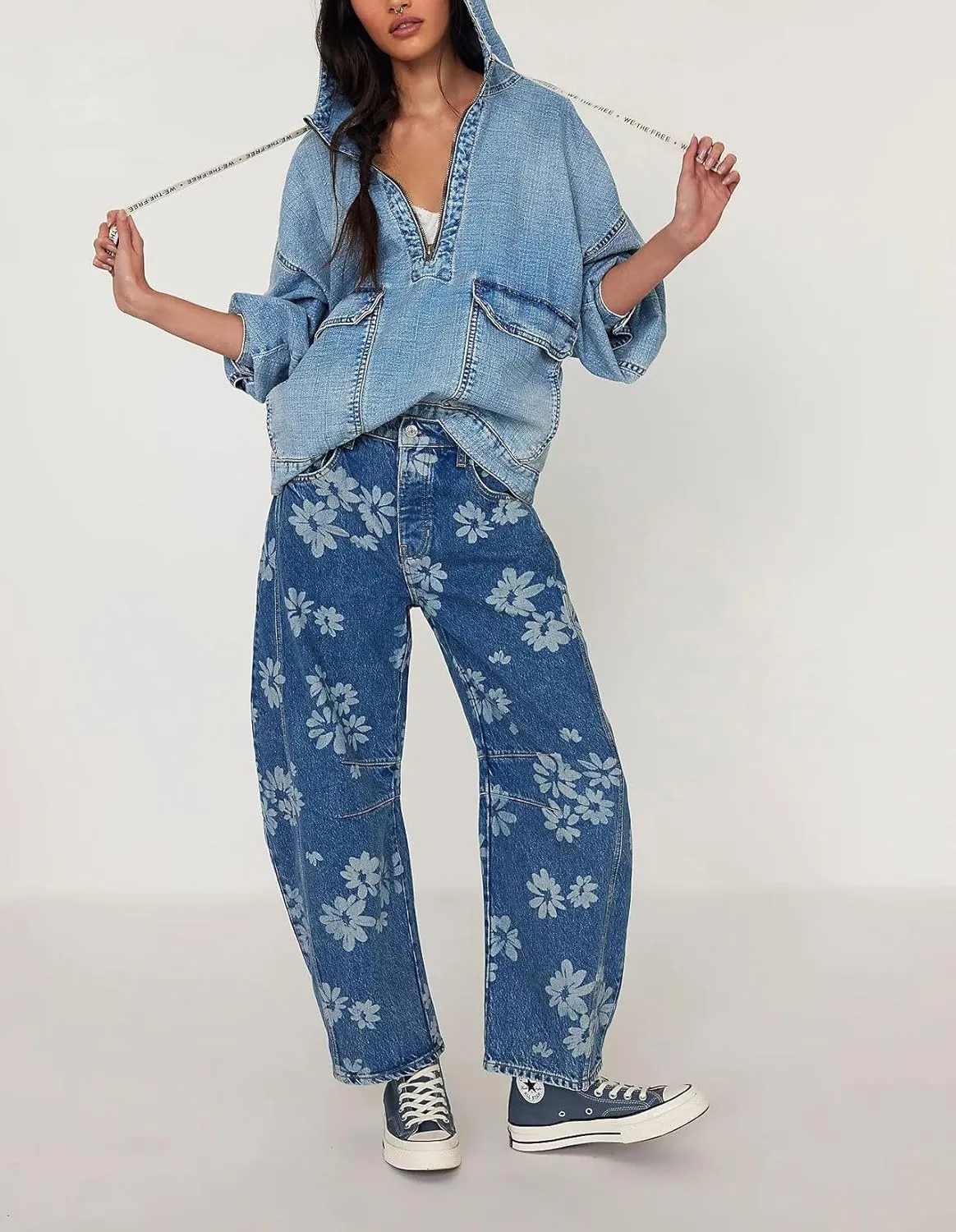 chouyatou Women's Y2k Baggy Wide Leg Denim Pants Boho Floral Printed Boyfriend Barrel Jeans with Pockets