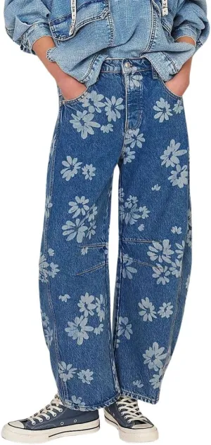 chouyatou Women's Y2k Baggy Wide Leg Denim Pants Boho Floral Printed Boyfriend Barrel Jeans with Pockets