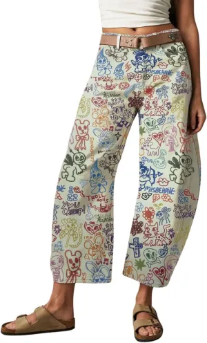 chouyatou Women's Y2k Baggy Wide Leg Denim Pants Boho Floral Printed Boyfriend Barrel Jeans with Pockets