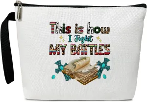 Christian Cosmetic Bag for Women,Bible Verses Gifts for Friend Mother Coworker Travel Essentials Purse Toiletry Pouch Cosmetic Bag with Zipper(This is How I Fight my battle)/35
