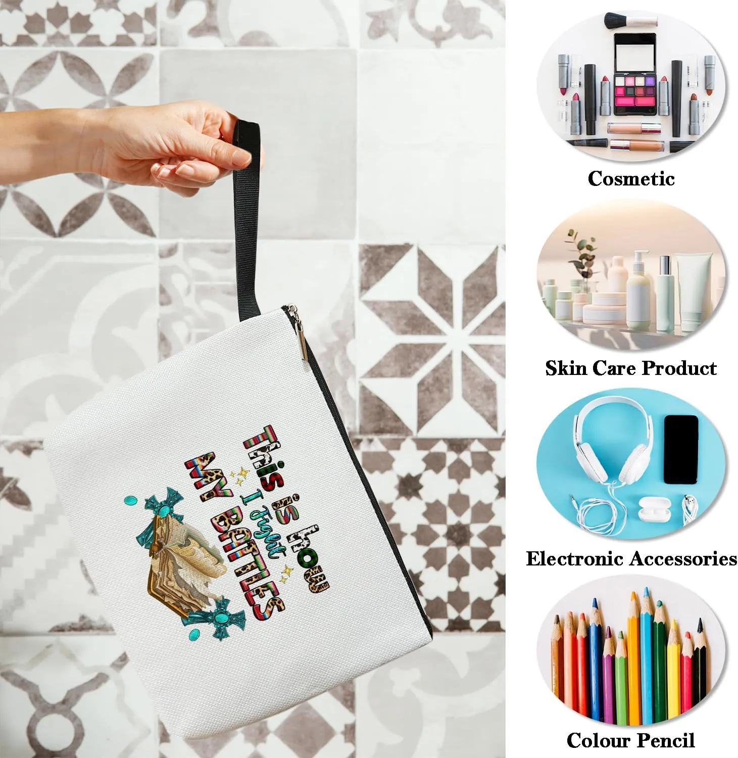 Christian Cosmetic Bag for Women,Bible Verses Gifts for Friend Mother Coworker Travel Essentials Purse Toiletry Pouch Cosmetic Bag with Zipper(This is How I Fight my battle)/35